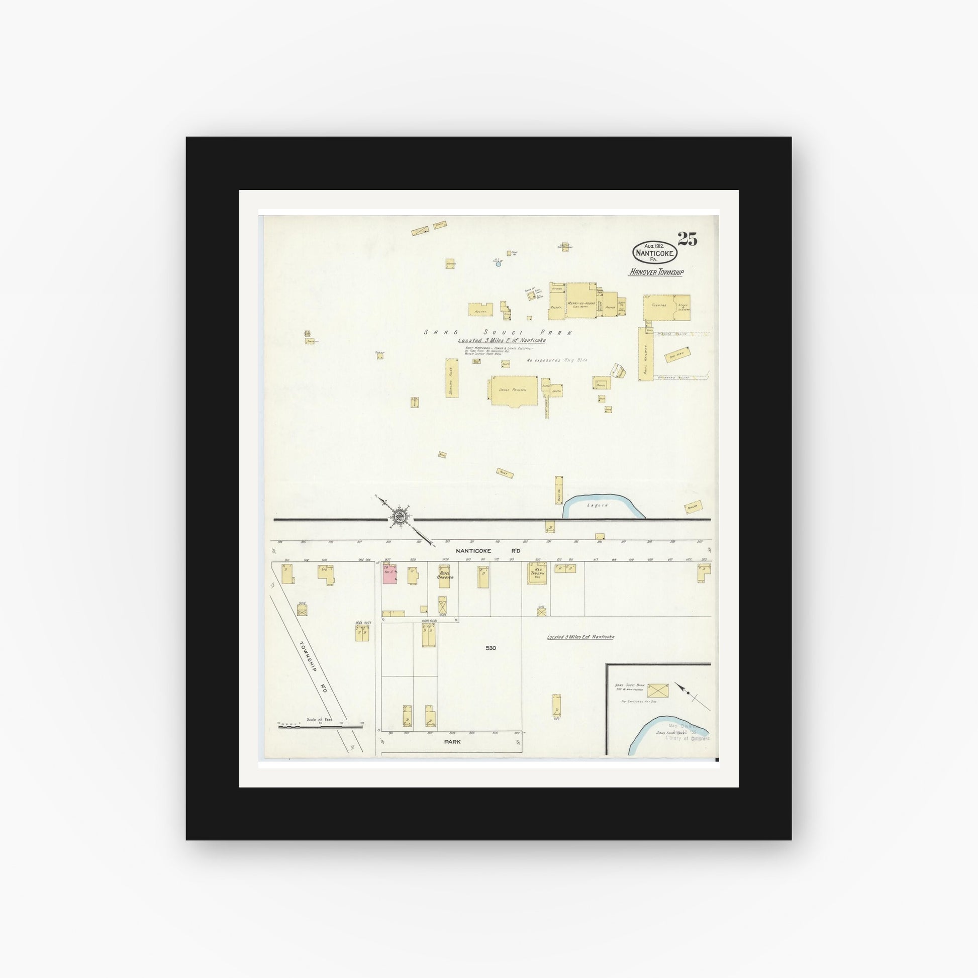 Old map wall art mockup — black gallery frame with white mat — Sanborn Fire Insurance Map from Nanticoke, Luzerne County, Pennsylvania (1912), Sheet #0025
