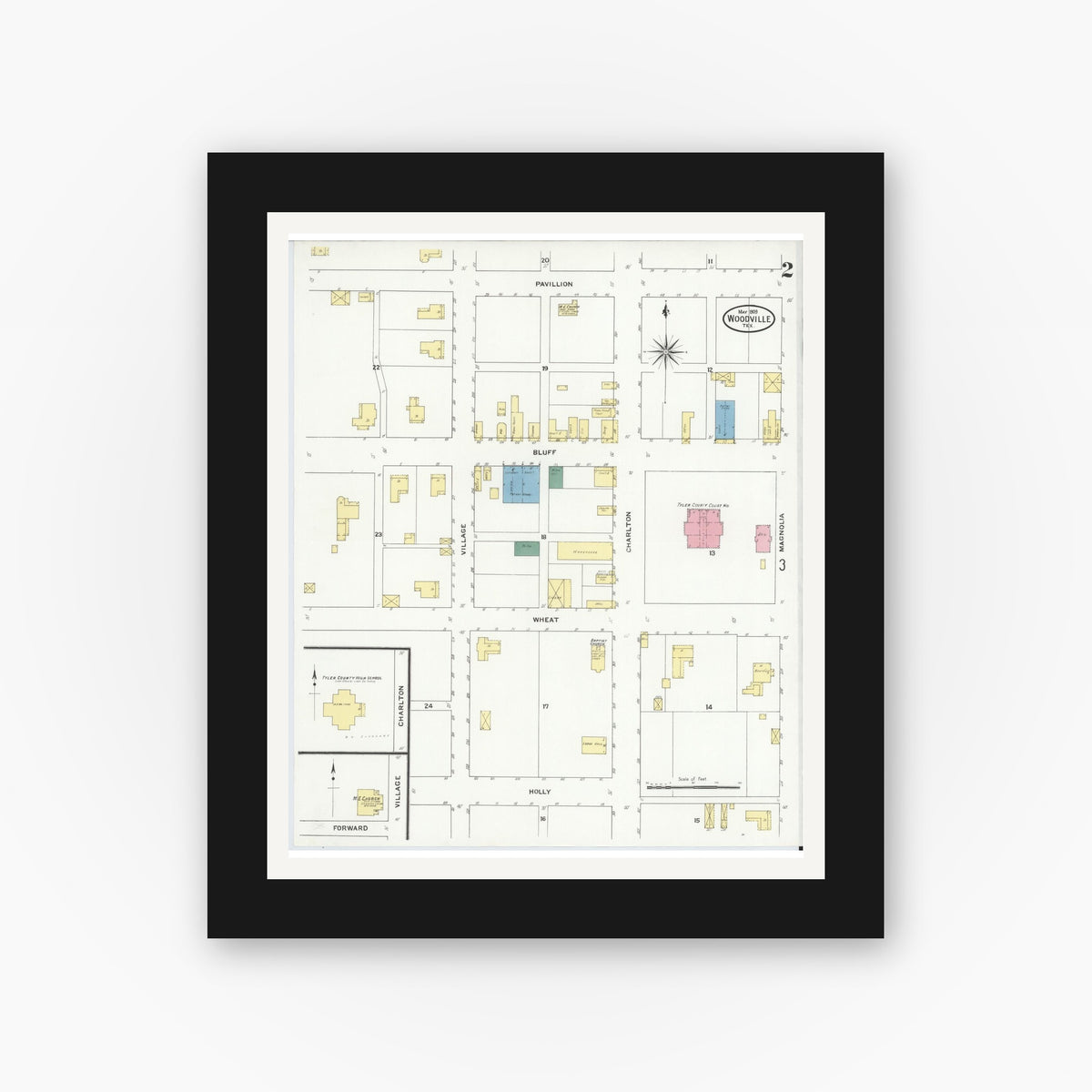 Old map wall art mockup — black gallery frame with white mat — Sanborn Fire Insurance Map from Wolfe City, Hunt County, Texas (1909), Sheet #0002