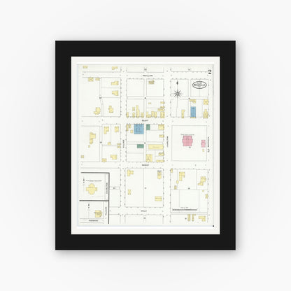 Old map wall art mockup — black gallery frame with white mat — Sanborn Fire Insurance Map from Wolfe City, Hunt County, Texas (1909), Sheet #0002