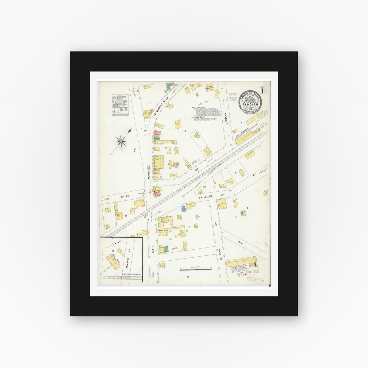 Old map wall art mockup — black gallery frame with white mat — Sanborn Fire Insurance Map from Closter, Bergen County, New Jersey (1908) - Complete Map Set