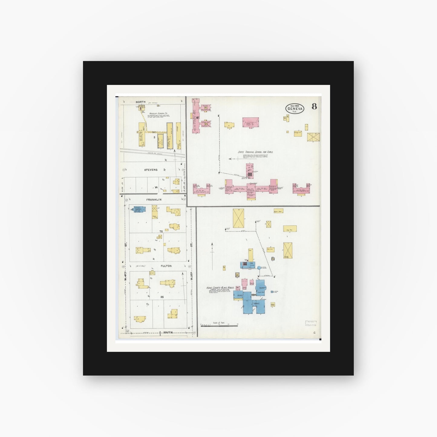 Old map wall art mockup — black gallery frame with white mat — Sanborn Fire Insurance Map from Geneva, Kane County, Illinois (1905), Sheet #0008