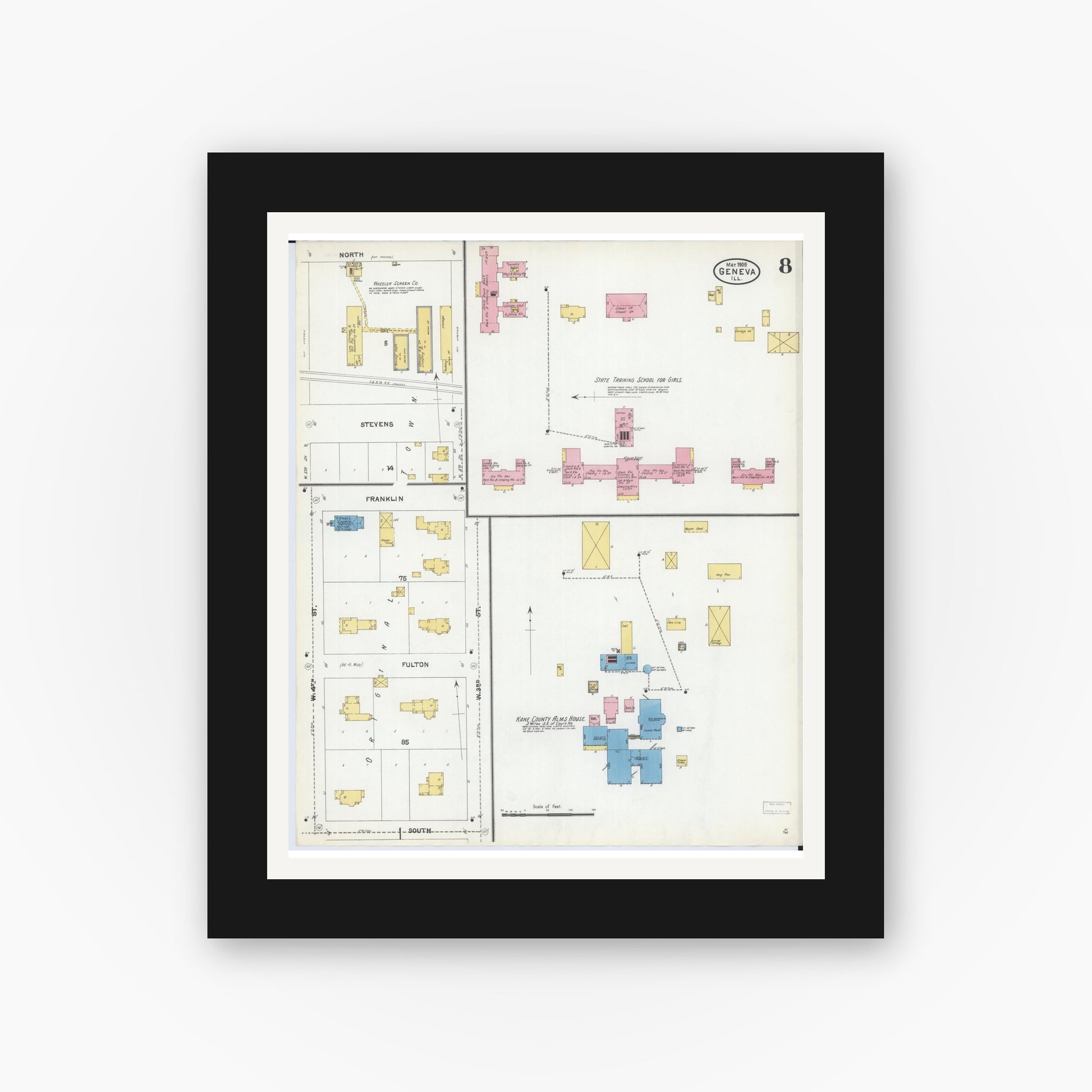 Old map wall art mockup — black gallery frame with white mat — Sanborn Fire Insurance Map from Geneva, Kane County, Illinois (1905), Sheet #0008