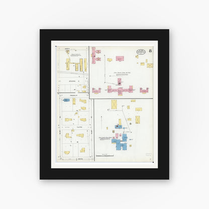 Old map wall art mockup — black gallery frame with white mat — Sanborn Fire Insurance Map from Geneva, Kane County, Illinois (1905), Sheet #0008
