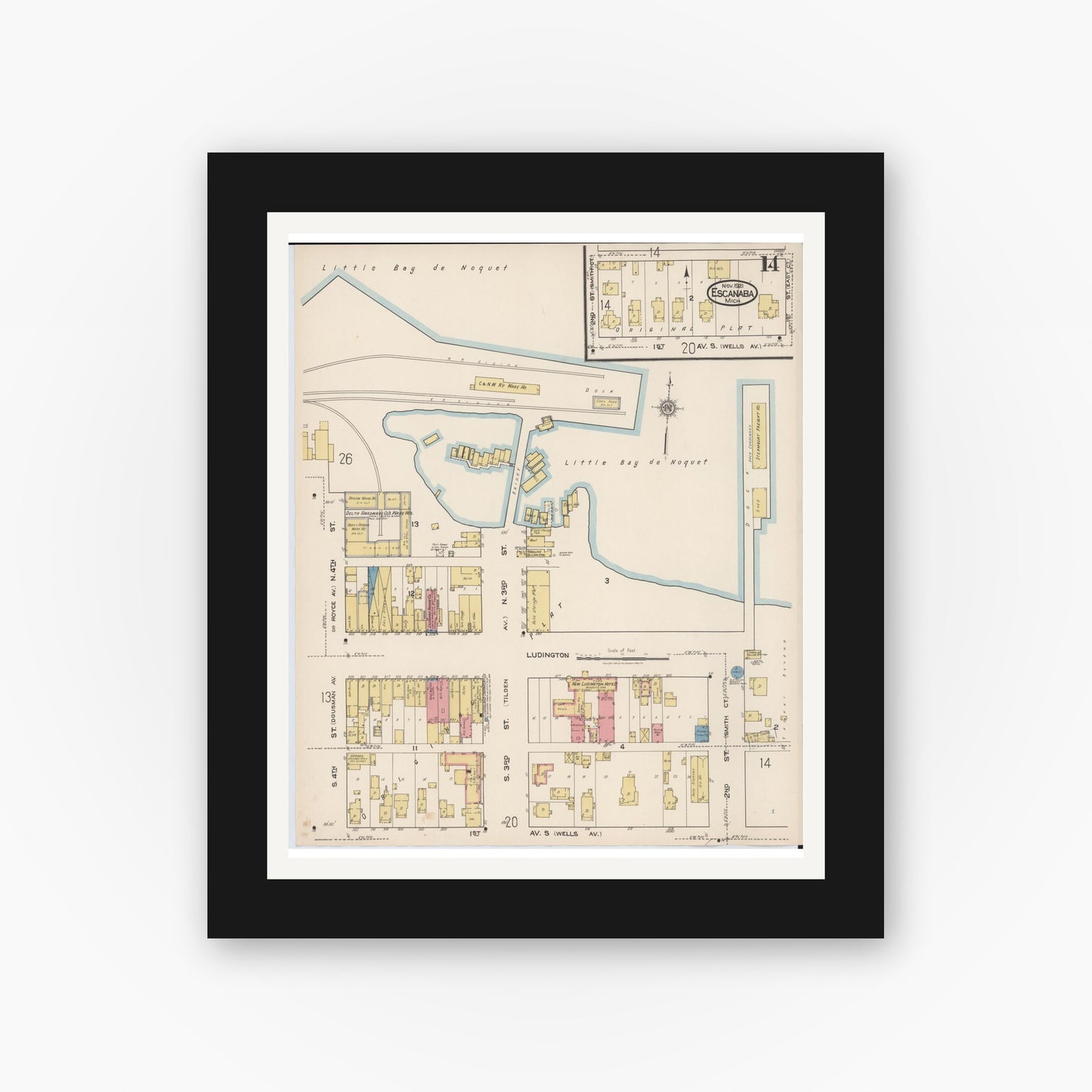 Old map wall art mockup — black gallery frame with white mat — Sanborn Fire Insurance Map from Escanaba, Delta County, Michigan (1921), Sheet #0014