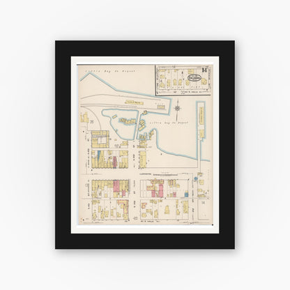 Old map wall art mockup — black gallery frame with white mat — Sanborn Fire Insurance Map from Escanaba, Delta County, Michigan (1921), Sheet #0014