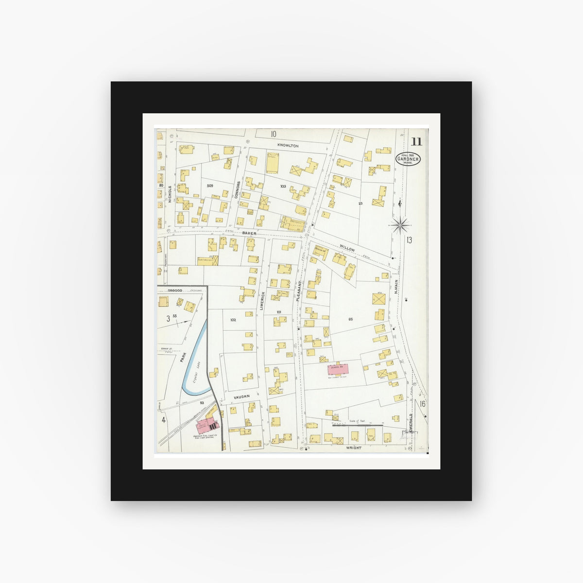 Old map wall art mockup — black gallery frame with white mat — Sanborn Fire Insurance Map from Gardner, Worcester County, Massachusetts (1905), Sheet #0011