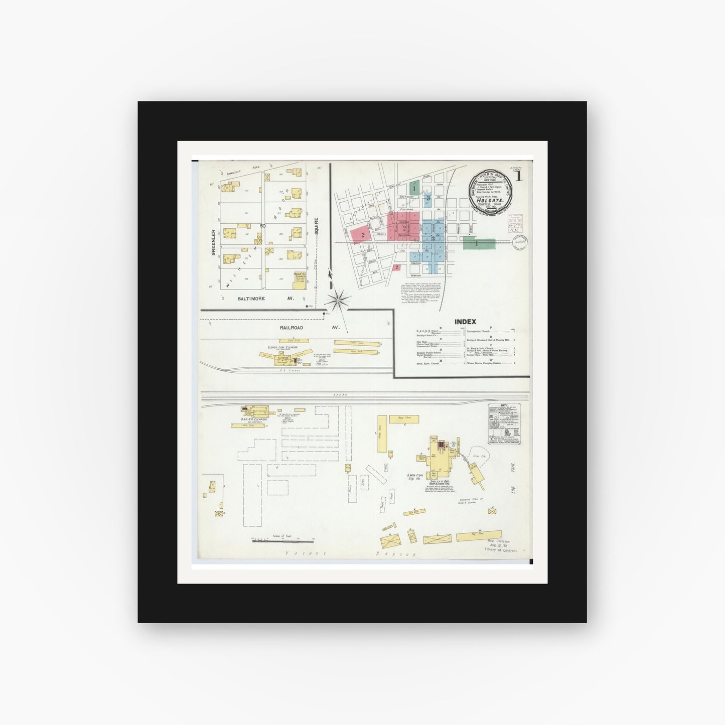 Old map wall art mockup — black gallery frame with white mat — Sanborn Fire Insurance Map from Holgate, Henry County, Ohio (1901) - Complete Map Set