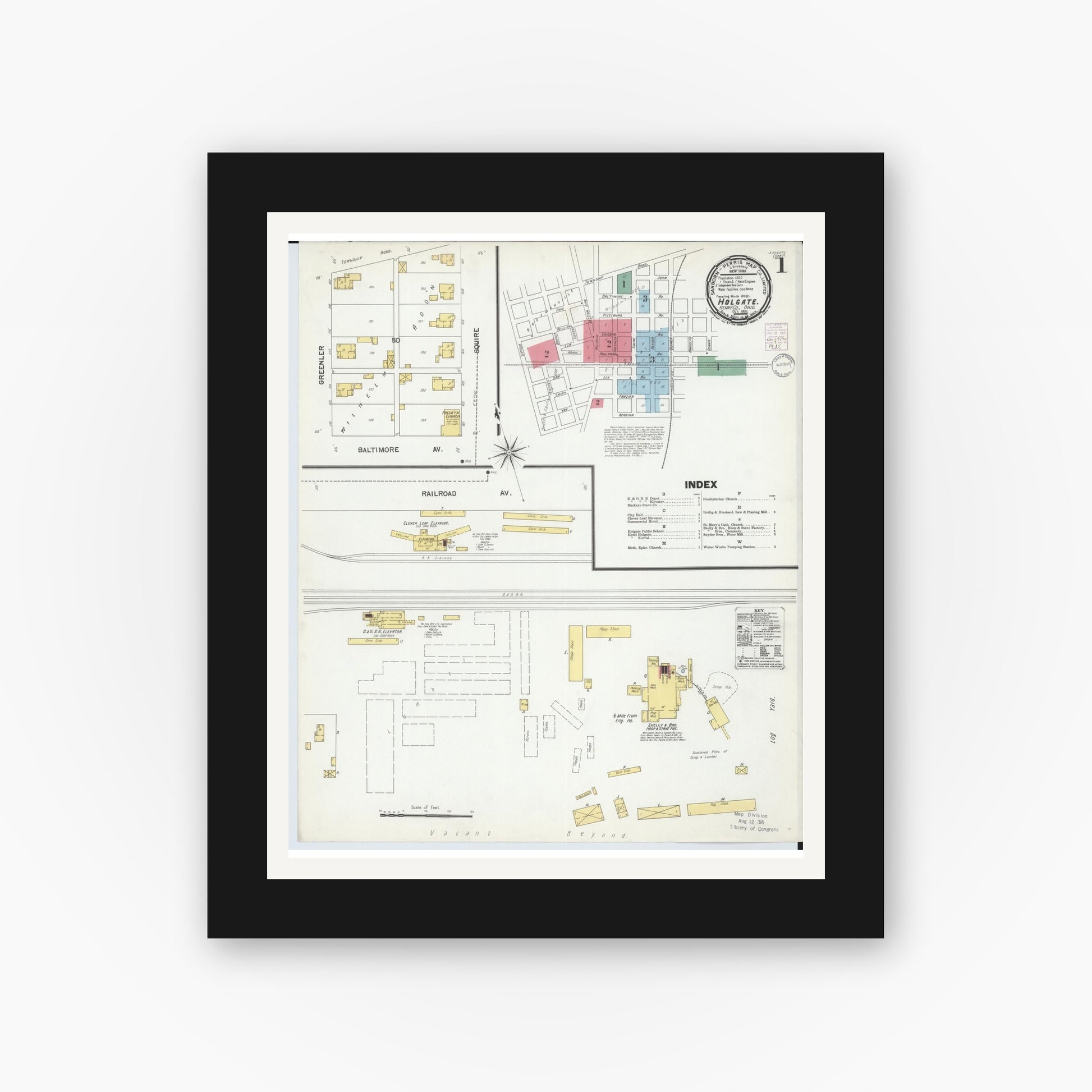 Old map wall art mockup — black gallery frame with white mat — Sanborn Fire Insurance Map from Holgate, Henry County, Ohio (1901) - Complete Map Set