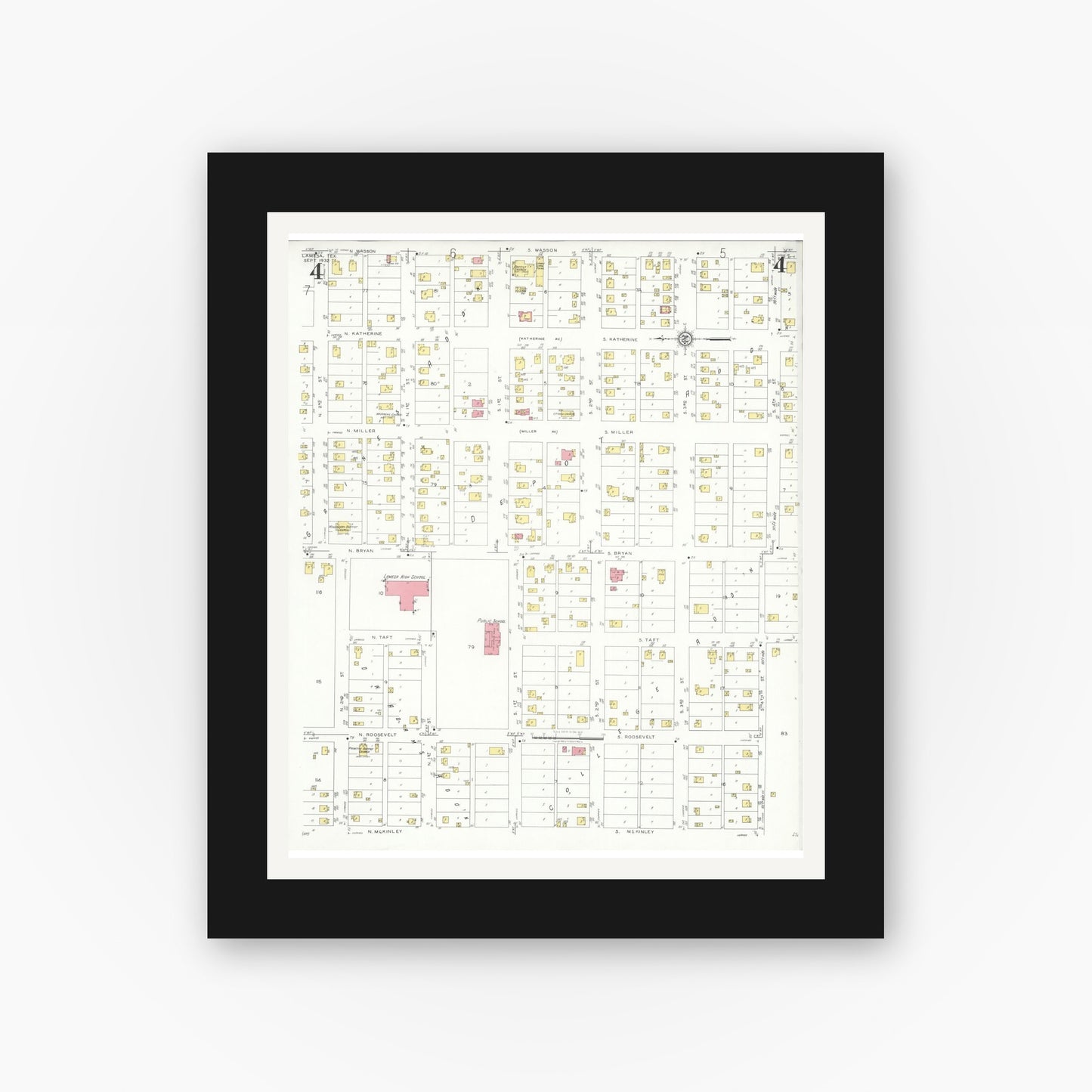 Old map wall art mockup — black gallery frame with white mat — Sanborn Fire Insurance Map from Lamesa, Dawson County, Texas (1932), Sheet #0004
