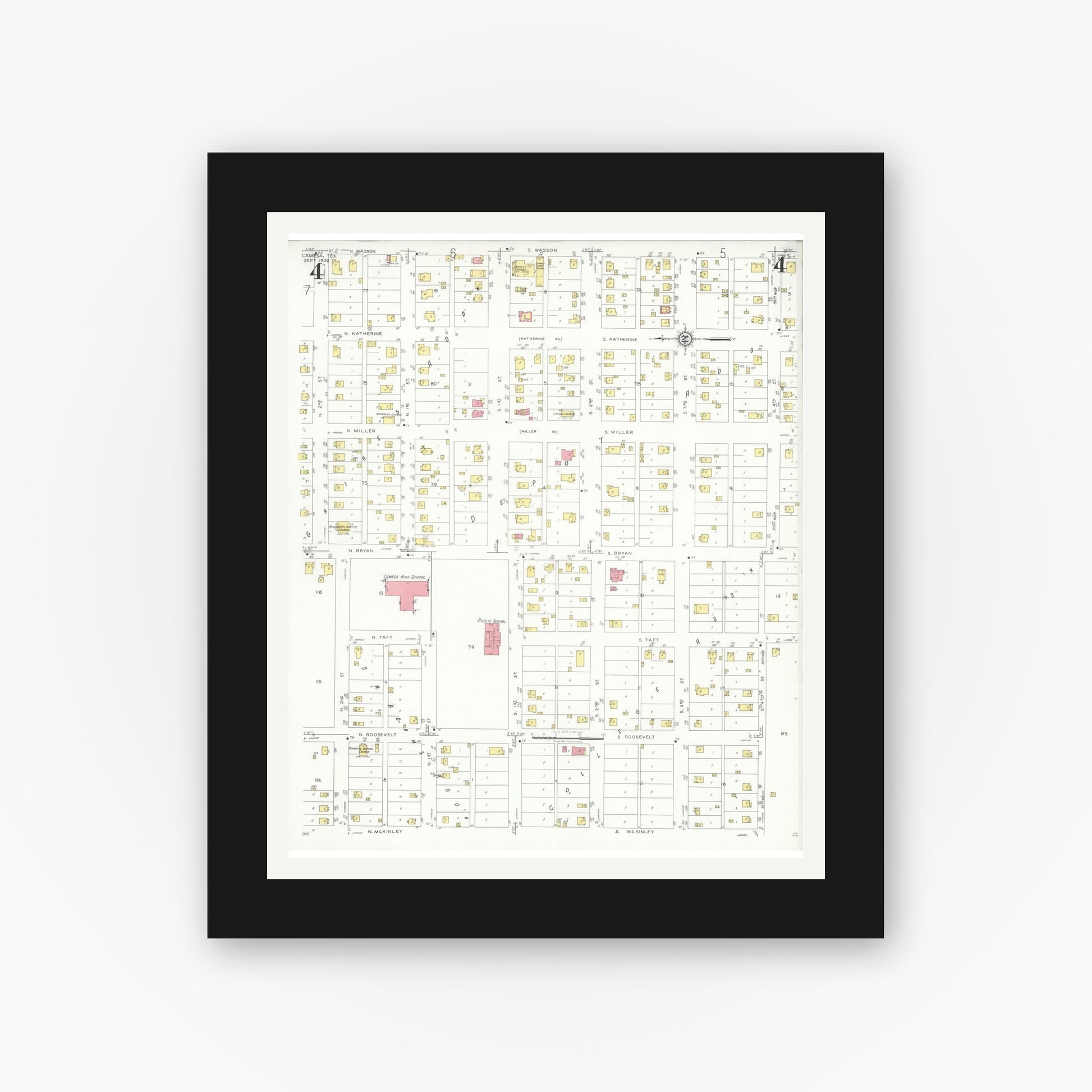 Old map wall art mockup — black gallery frame with white mat — Sanborn Fire Insurance Map from Lamesa, Dawson County, Texas (1932), Sheet #0004