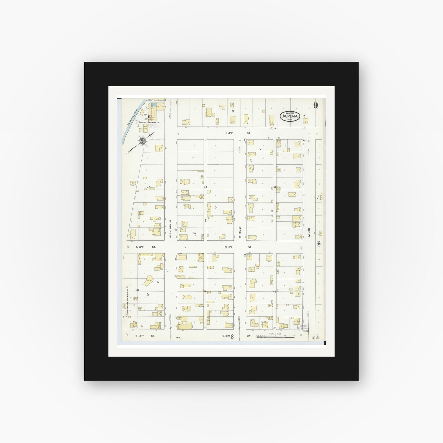 Old map wall art mockup — black gallery frame with white mat — Sanborn Fire Insurance Map from Alpena, Alpena County, Michigan (1910), Sheet #0009