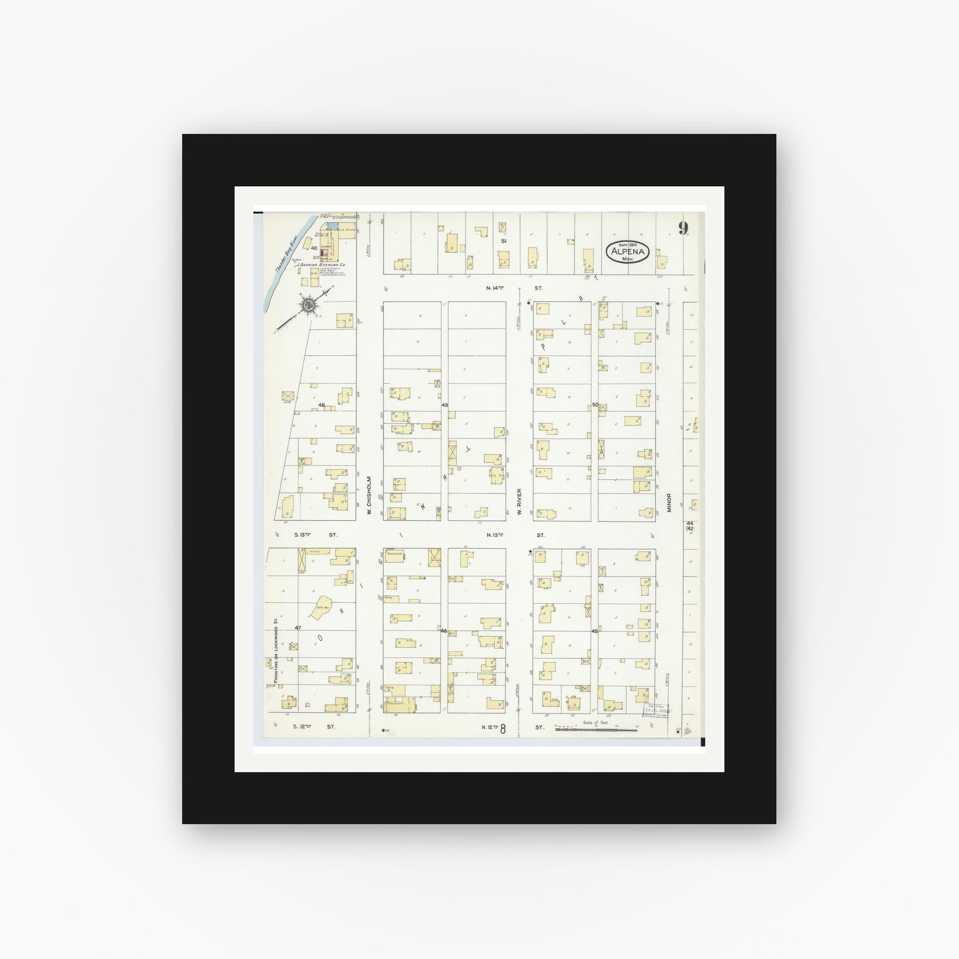 Old map wall art mockup — black gallery frame with white mat — Sanborn Fire Insurance Map from Alpena, Alpena County, Michigan (1910), Sheet #0009