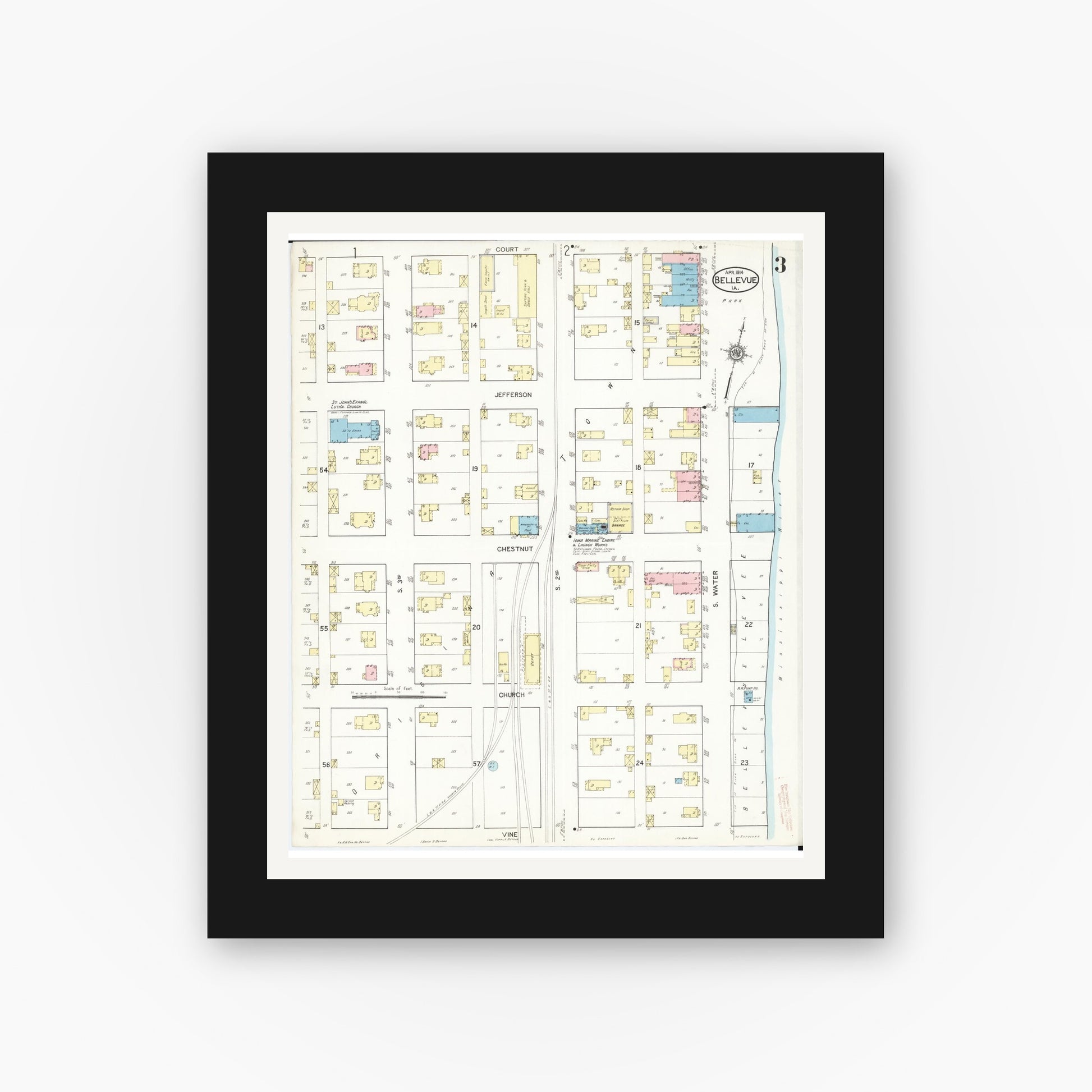 Old map wall art mockup — black gallery frame with white mat — Sanborn Fire Insurance Map from Bellevue, Jackson County, Iowa (1914), Sheet #0003
