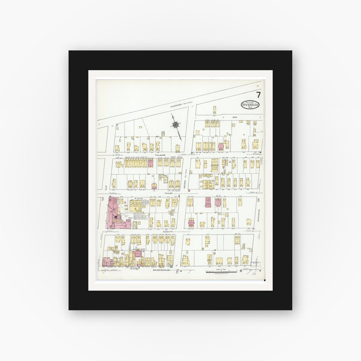 Old map wall art mockup — black gallery frame with white mat — Sanborn Fire Insurance Map from Riverside, Burlington County, New Jersey (1919), Sheet #0007