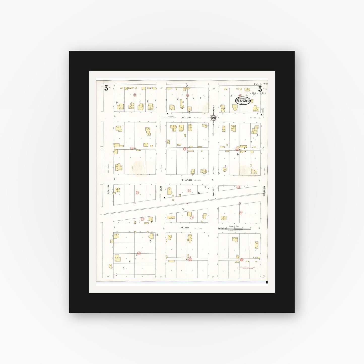 Old map wall art mockup — black gallery frame with white mat — Sanborn Fire Insurance Map from Elmwood, Peoria County, Illinois (1944), Sheet #0005