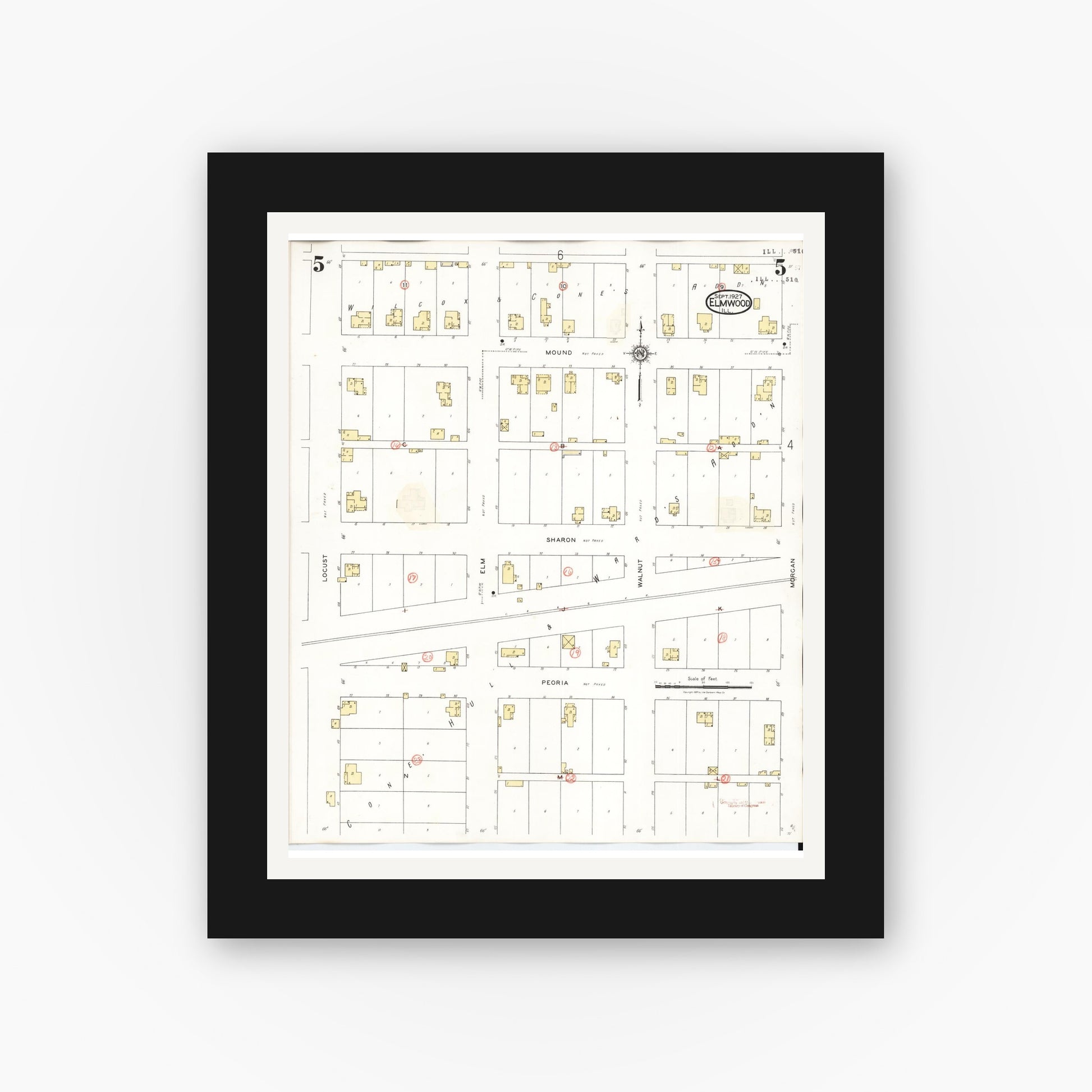 Old map wall art mockup — black gallery frame with white mat — Sanborn Fire Insurance Map from Elmwood, Peoria County, Illinois (1944), Sheet #0005