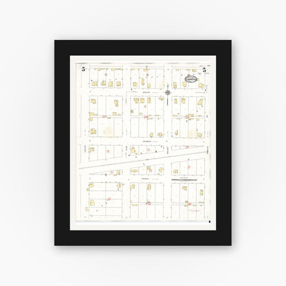 Old map wall art mockup — black gallery frame with white mat — Sanborn Fire Insurance Map from Elmwood, Peoria County, Illinois (1944), Sheet #0005
