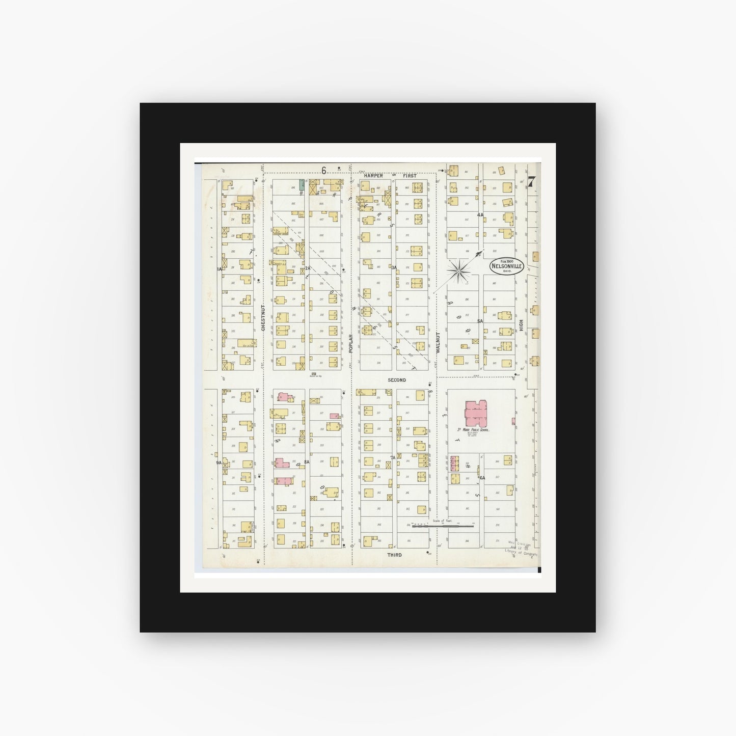 Old map wall art mockup — black gallery frame with white mat — Sanborn Fire Insurance Map from Nelsonville, Athens County, Ohio (1900), Sheet #0007