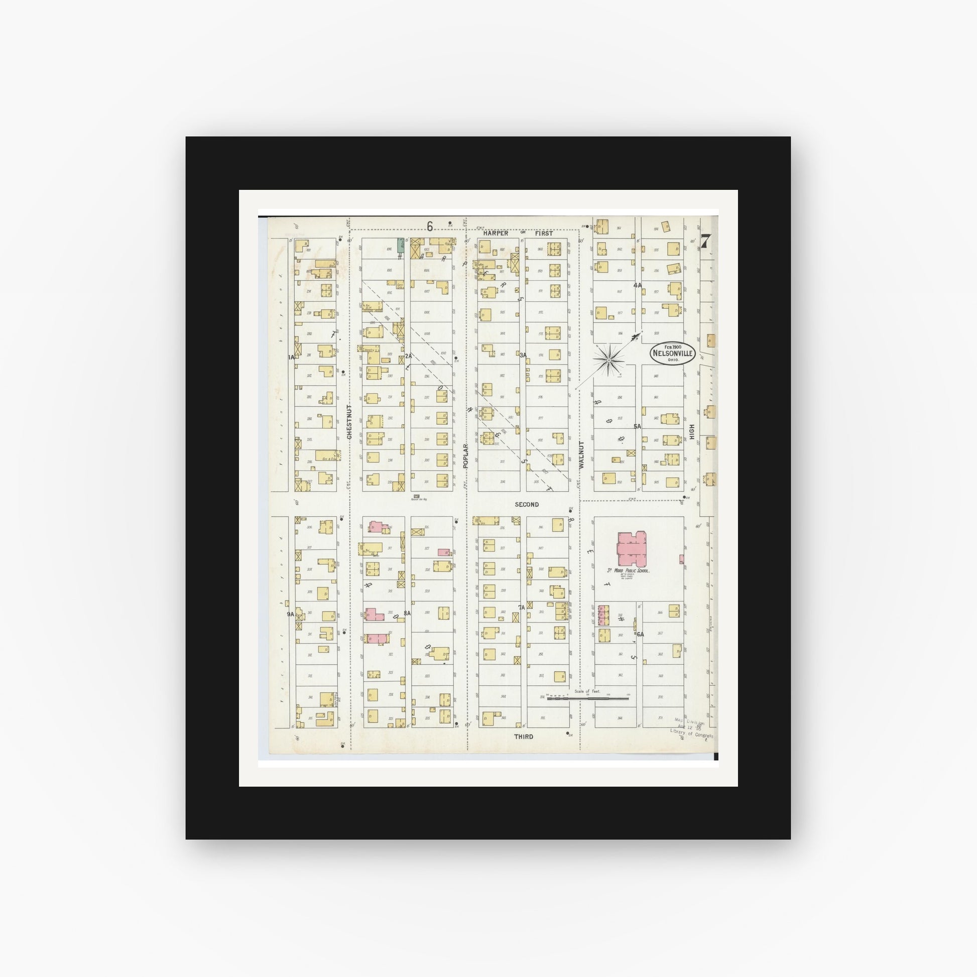 Old map wall art mockup — black gallery frame with white mat — Sanborn Fire Insurance Map from Nelsonville, Athens County, Ohio (1900), Sheet #0007