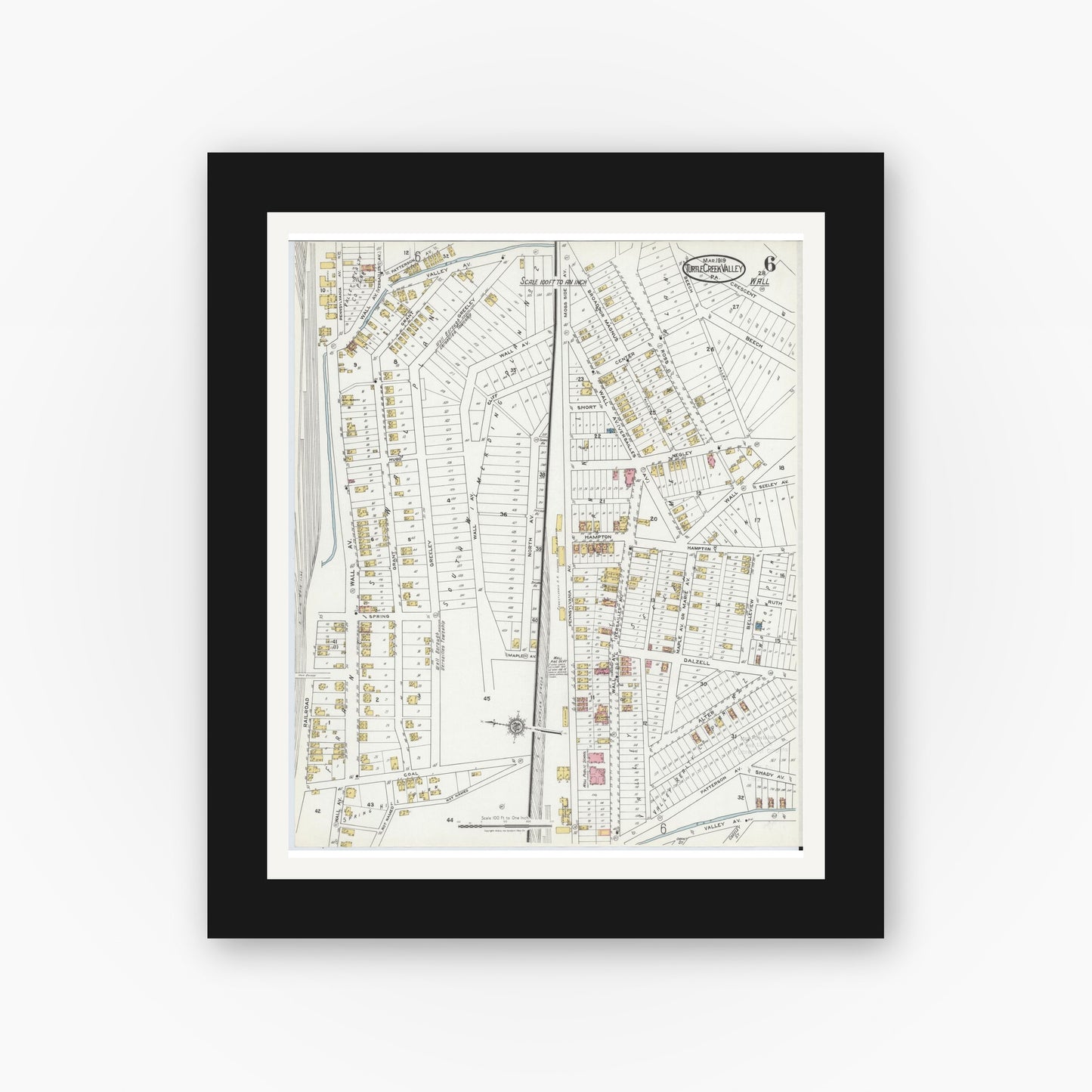 Old map wall art mockup — black gallery frame with white mat — Sanborn Fire Insurance Map from Turtle Creek Valley, Allegheny County, Pennsylvania (1919), Sheet #0006