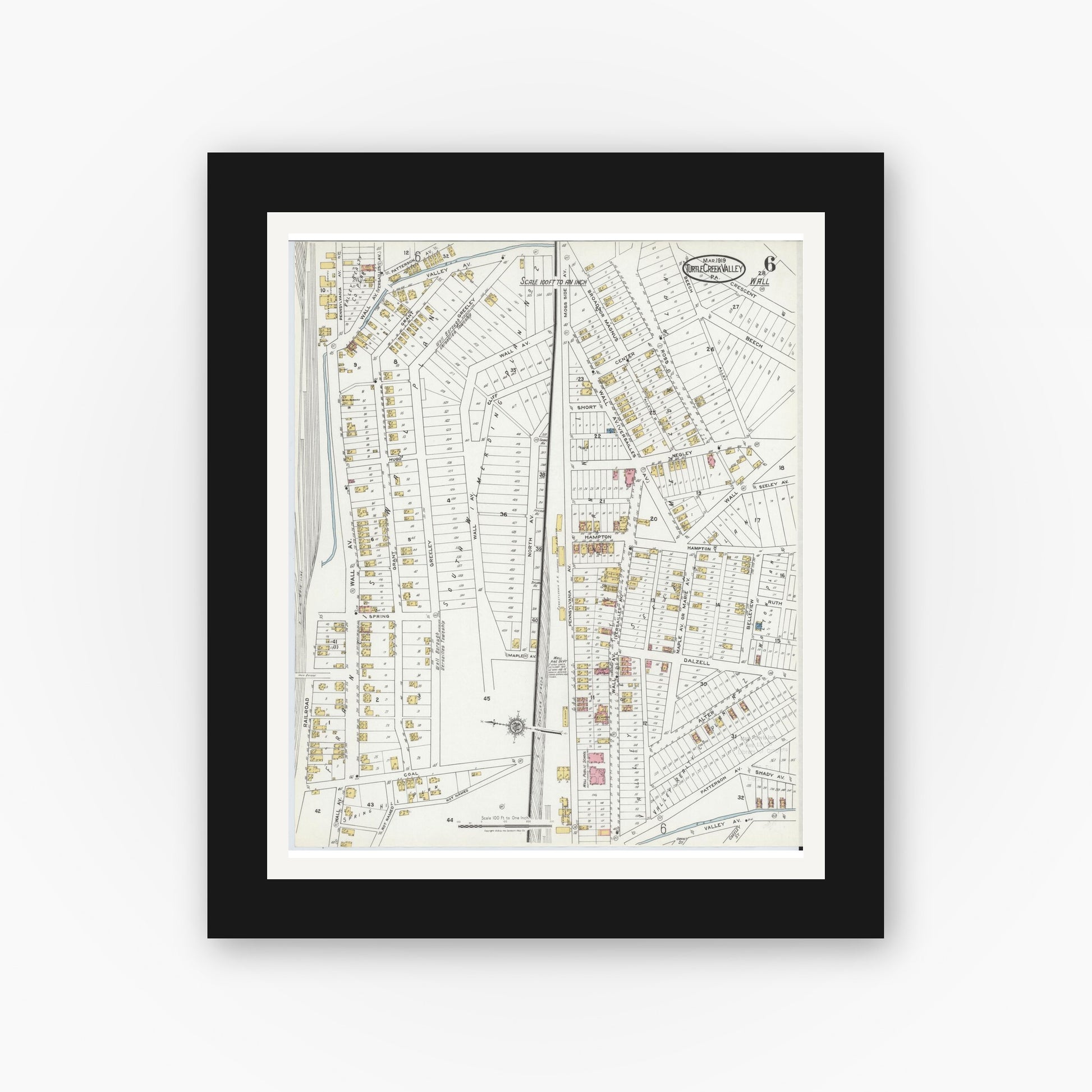 Old map wall art mockup — black gallery frame with white mat — Sanborn Fire Insurance Map from Turtle Creek Valley, Allegheny County, Pennsylvania (1919), Sheet #0006