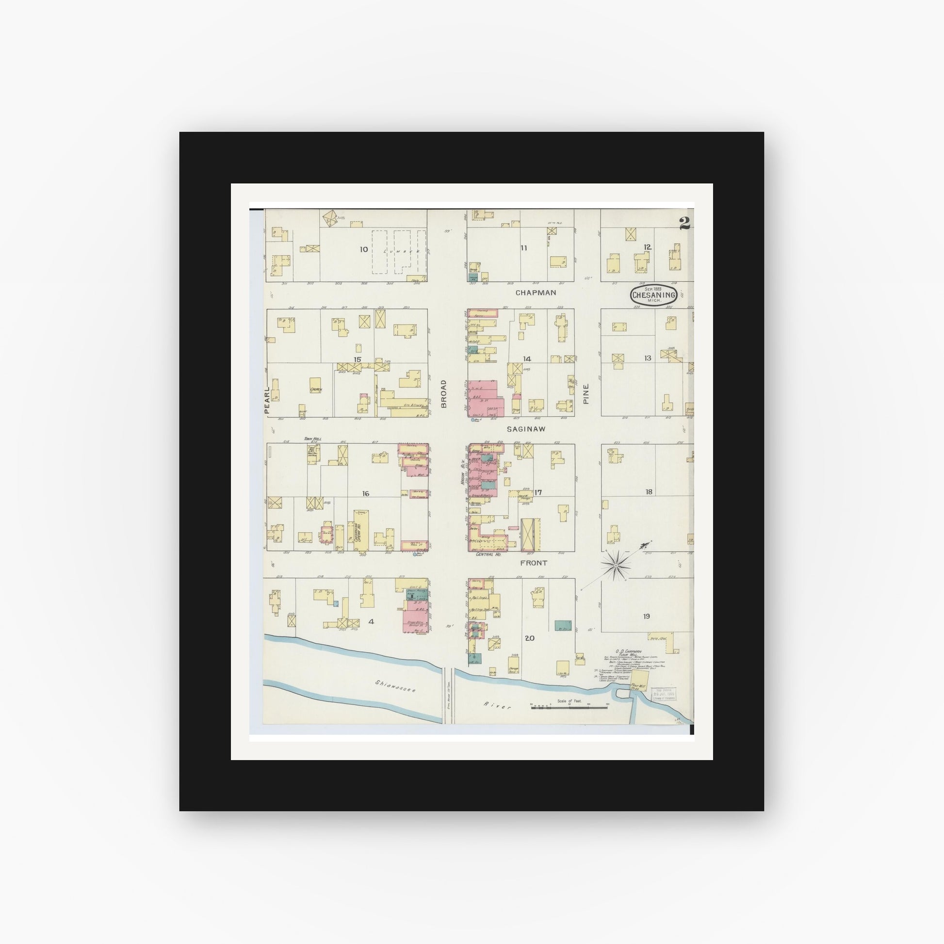 Old map wall art mockup — black gallery frame with white mat — Sanborn Fire Insurance Map from Chesaning, Saginaw County, Michigan (1893), Sheet #0002