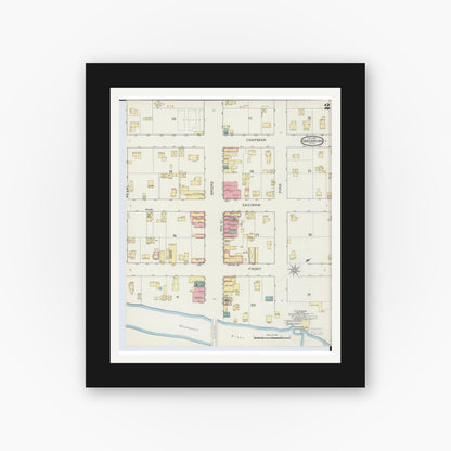 Old map wall art mockup — black gallery frame with white mat — Sanborn Fire Insurance Map from Chesaning, Saginaw County, Michigan (1893), Sheet #0002