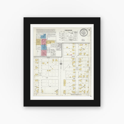 Old map wall art mockup — black gallery frame with white mat — Sanborn Fire Insurance Map from Flora, Carroll County, Indiana (1917), Sheet #0001