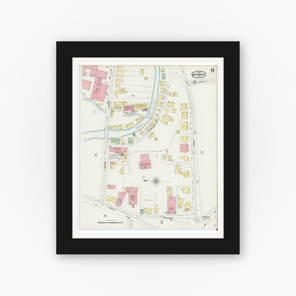 Old map wall art mockup — black gallery frame with white mat — Sanborn Fire Insurance Map from North Adams, Berkshire County, Massachusetts (1897), Sheet #0009