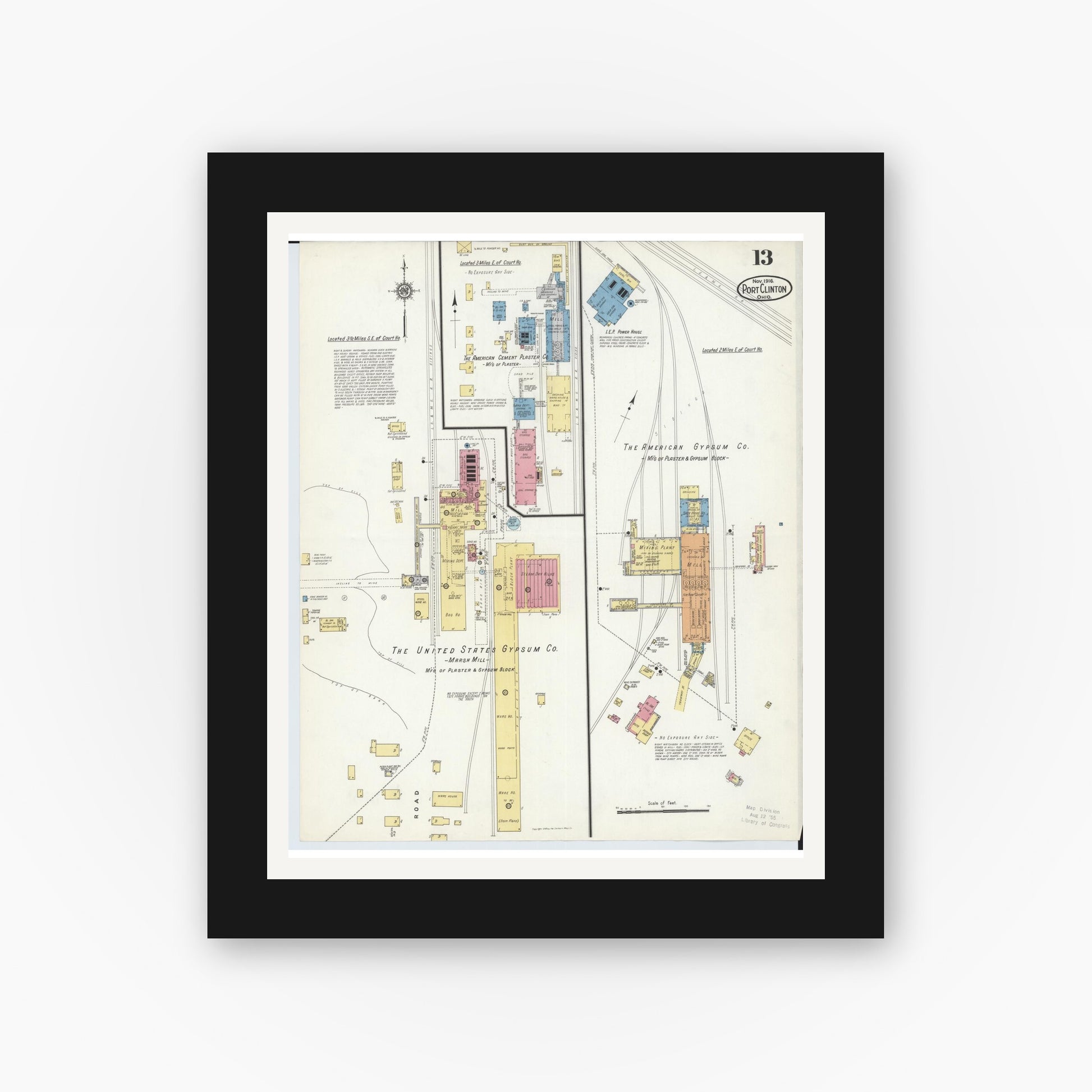 Old map wall art mockup — black gallery frame with white mat — Sanborn Fire Insurance Map from Port Clinton, Ottawa County, Ohio (1916), Sheet #0013