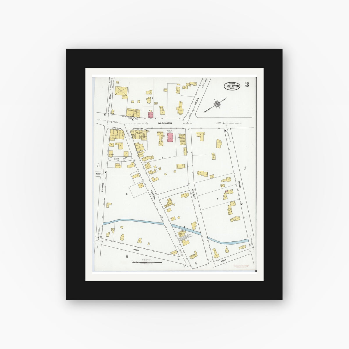 Old map wall art mockup — black gallery frame with white mat — Sanborn Fire Insurance Map from Holliston, Middlesex County, Massachusetts (1919), Sheet #0003