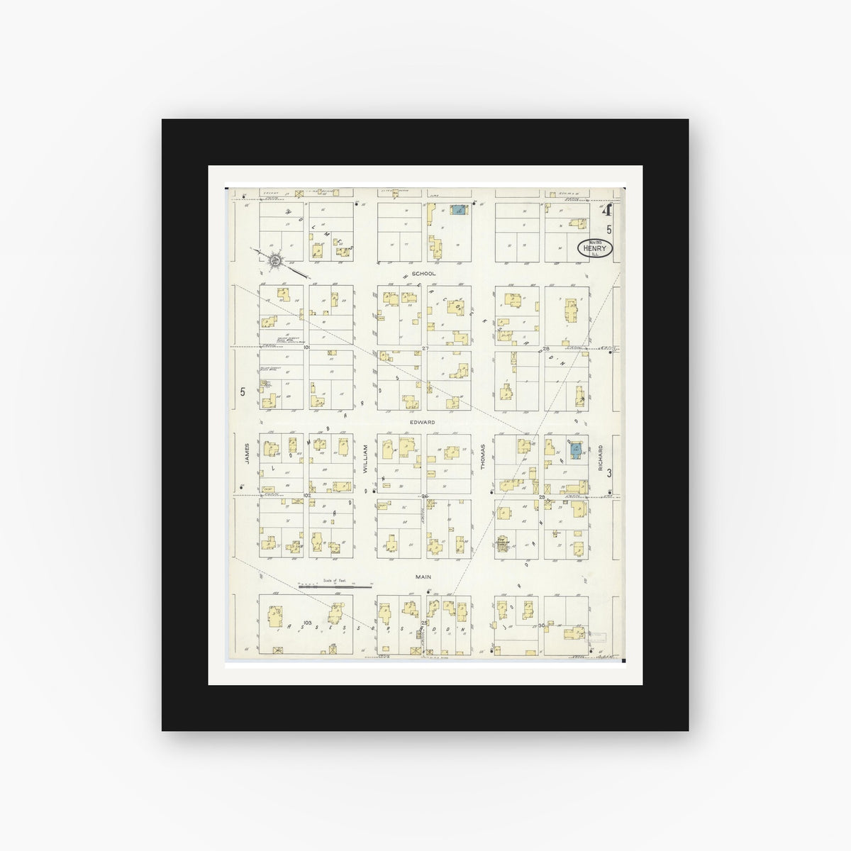 Old map wall art mockup — black gallery frame with white mat — Sanborn Fire Insurance Map from Henry, Marshall County, Illinois (1913), Sheet #0004