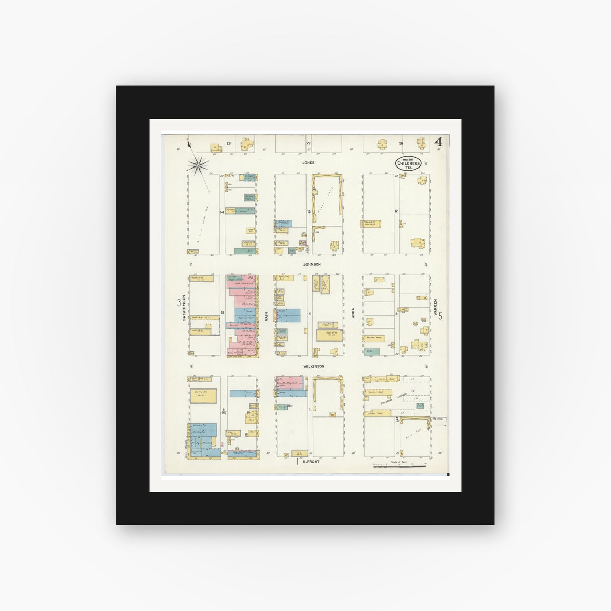 Old map wall art mockup — black gallery frame with white mat — Sanborn Fire Insurance Map from Childress, Childress County, Texas (1907), Sheet #0004