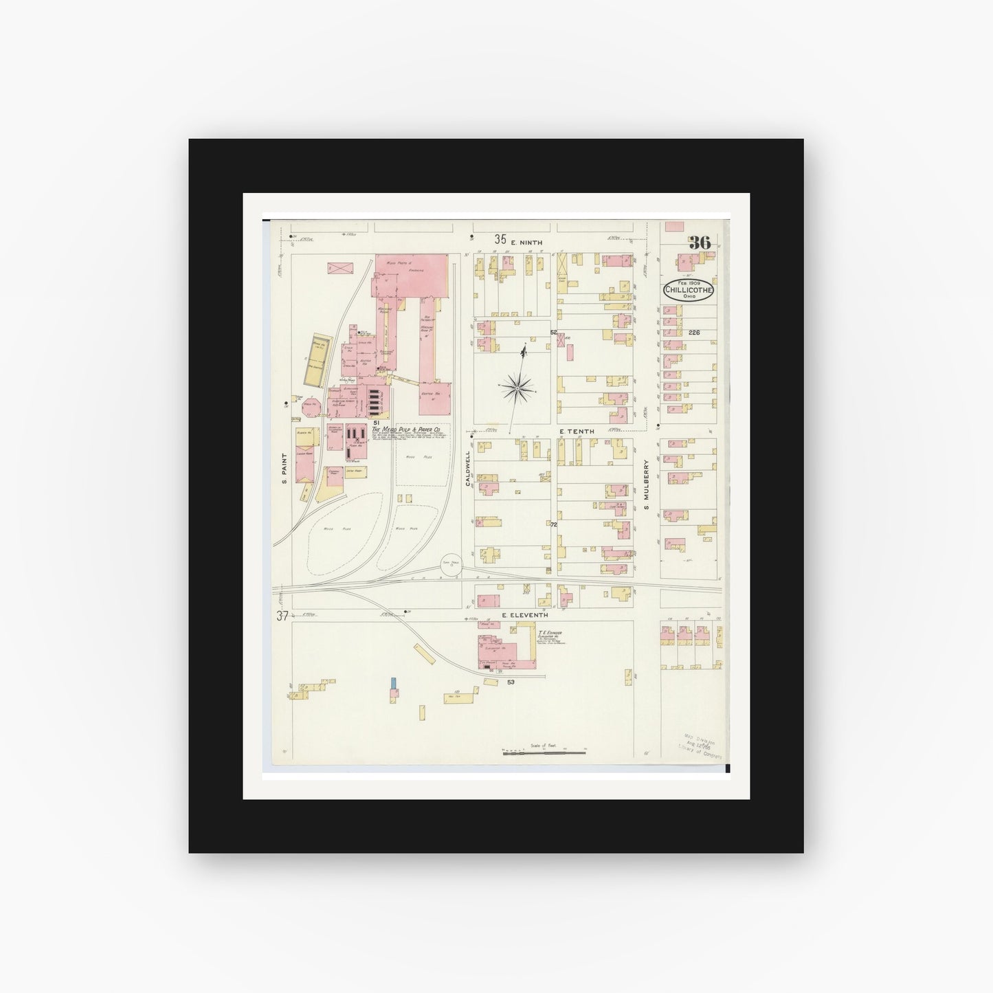 Old map wall art mockup — black gallery frame with white mat — Sanborn Fire Insurance Map from Chillicothe, Ross County, Ohio (1909), Sheet #0036