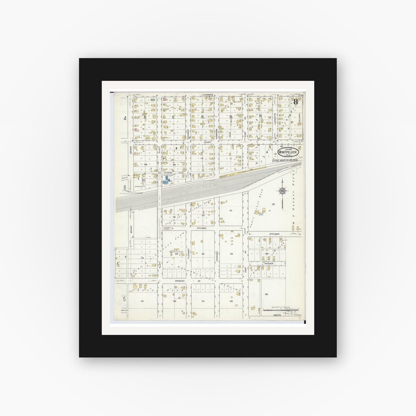 Old map wall art mockup — black gallery frame with white mat — Sanborn Fire Insurance Map from Montpelier, Williams County, Ohio (1916), Sheet #0008