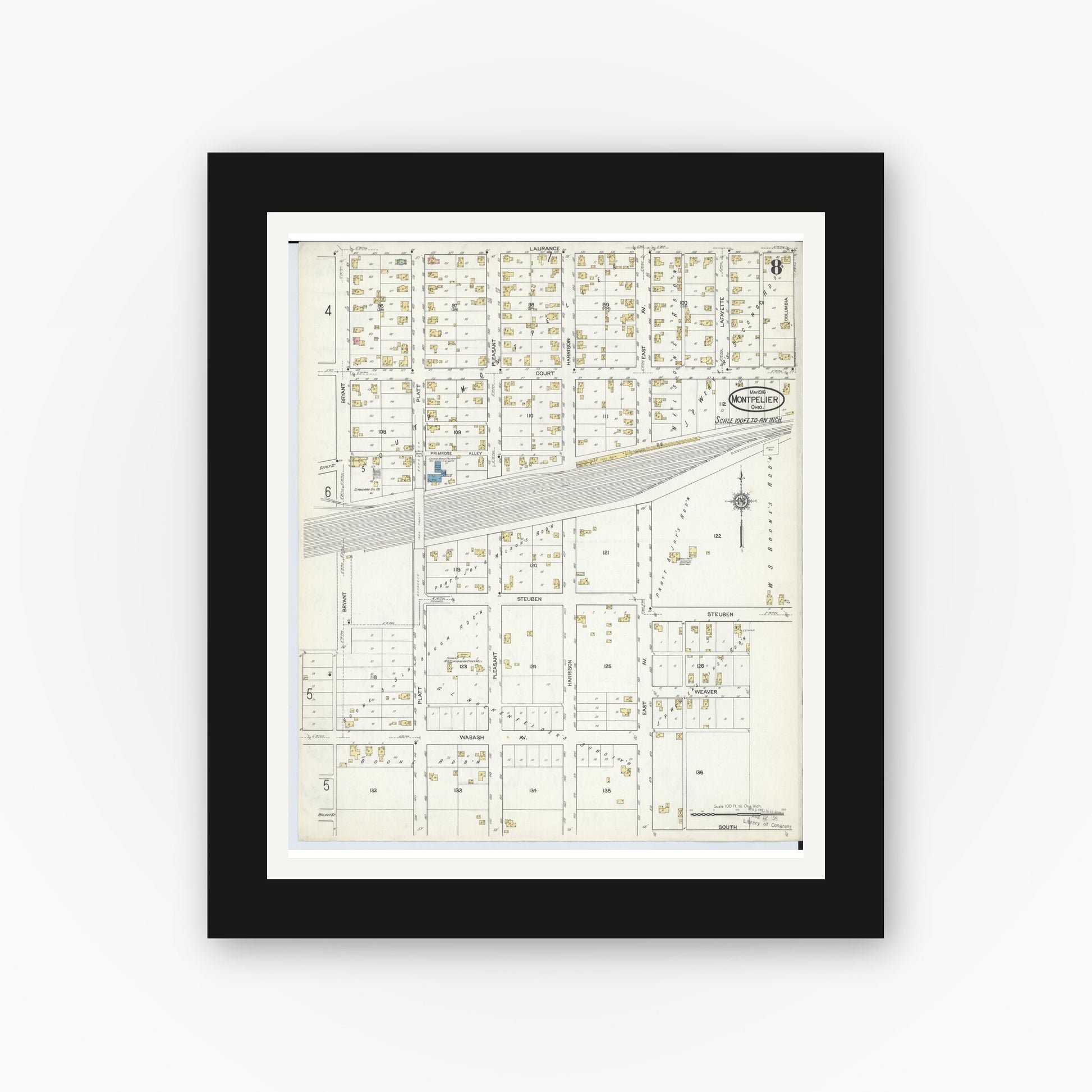 Old map wall art mockup — black gallery frame with white mat — Sanborn Fire Insurance Map from Montpelier, Williams County, Ohio (1916), Sheet #0008