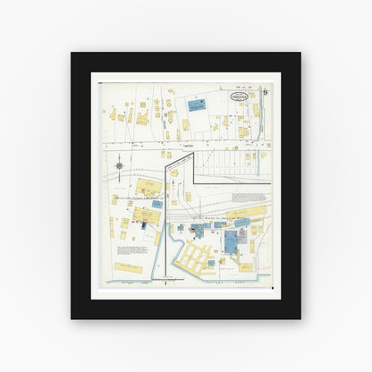 Old map wall art mockup — black gallery frame with white mat — Sanborn Fire Insurance Map from Hancock, Houghton County, Michigan (1917), Sheet #0009