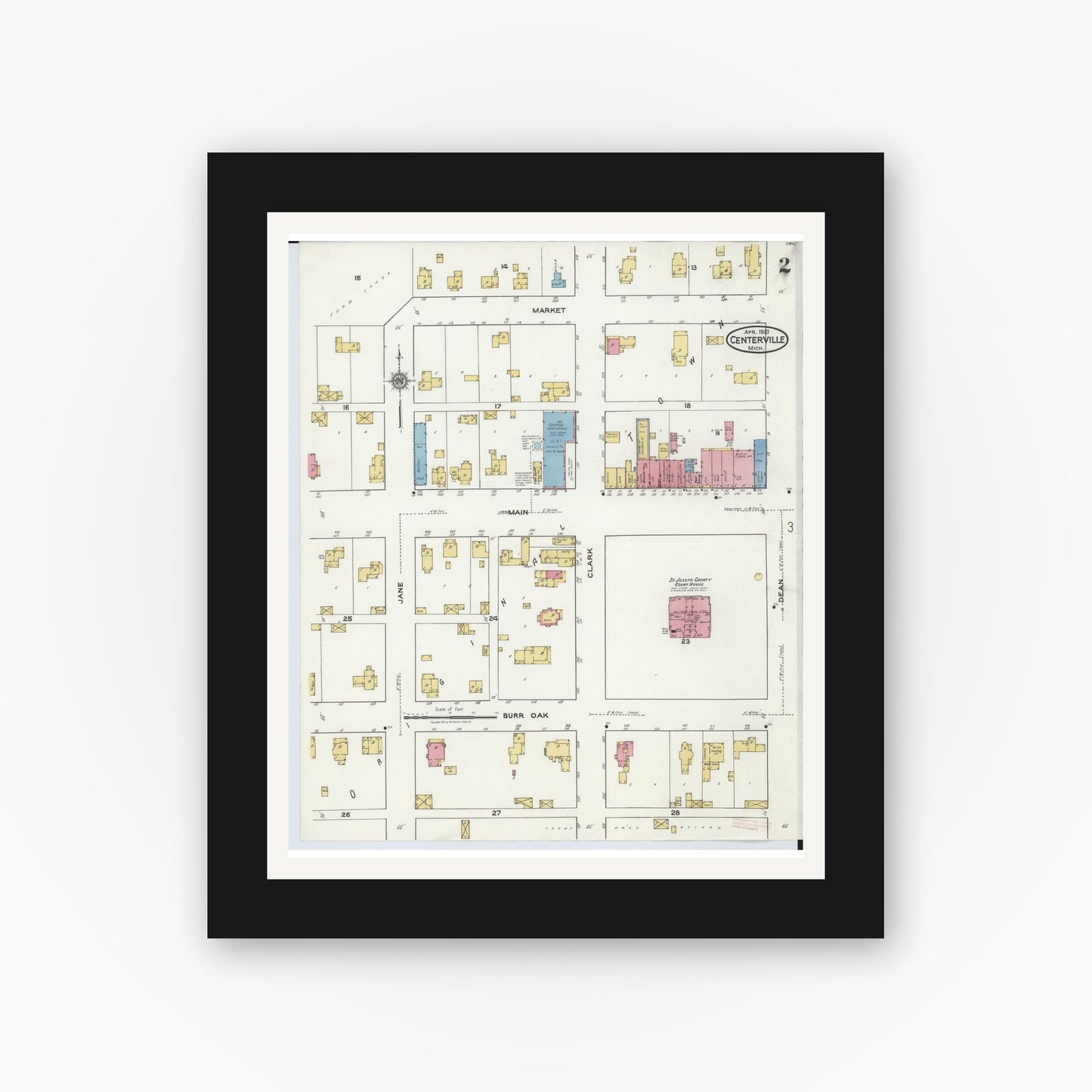 Old map wall art mockup — black gallery frame with white mat — Sanborn Fire Insurance Map from Centreville, Saint Joseph County, Michigan (1921), Sheet #0002