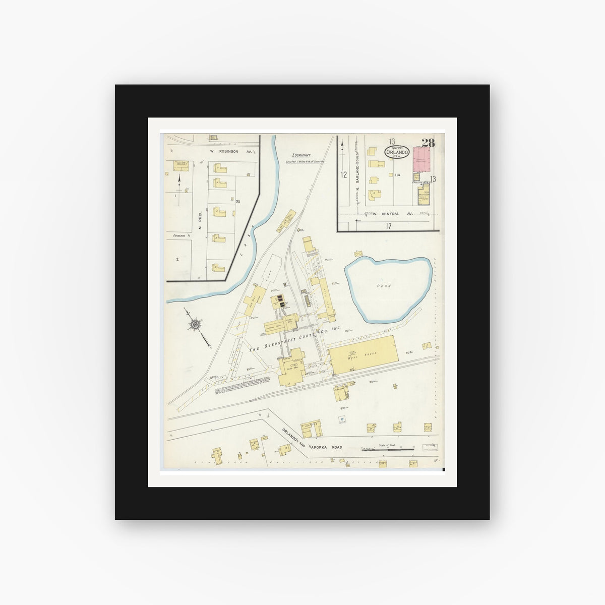 Old map wall art mockup — black gallery frame with white mat — Sanborn Fire Insurance Map from Orlando, Orange County, Florida (1913), Sheet #0028