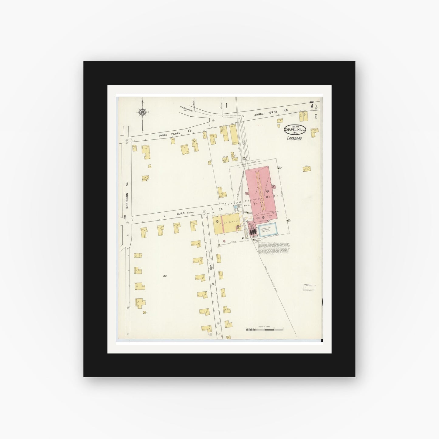 Old map wall art mockup — black gallery frame with white mat — Sanborn Fire Insurance Map from Chapel Hill, Orange County, North Carolina (1915), Sheet #0007