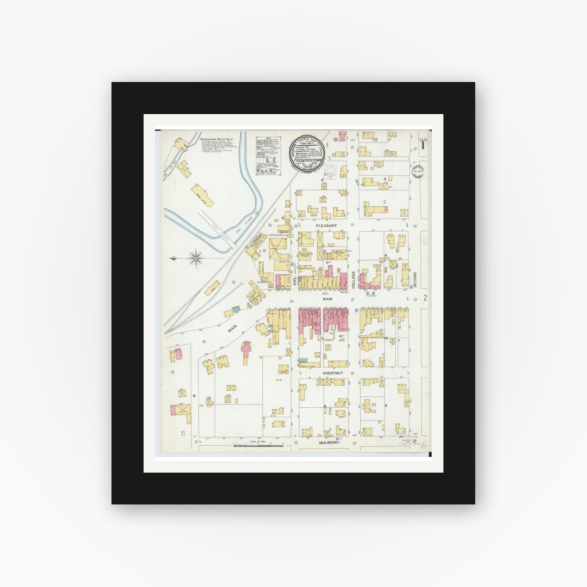 Old map wall art mockup — black gallery frame with white mat — Sanborn Fire Insurance Map from Fredericktown, Knox County, Ohio (1901) - Complete Map Set