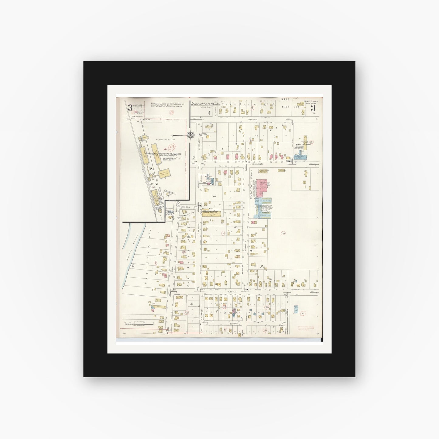 Old map wall art mockup — black gallery frame with white mat — Sanborn Fire Insurance Map from Dundee, Monroe County, Michigan (1949), Sheet #0003