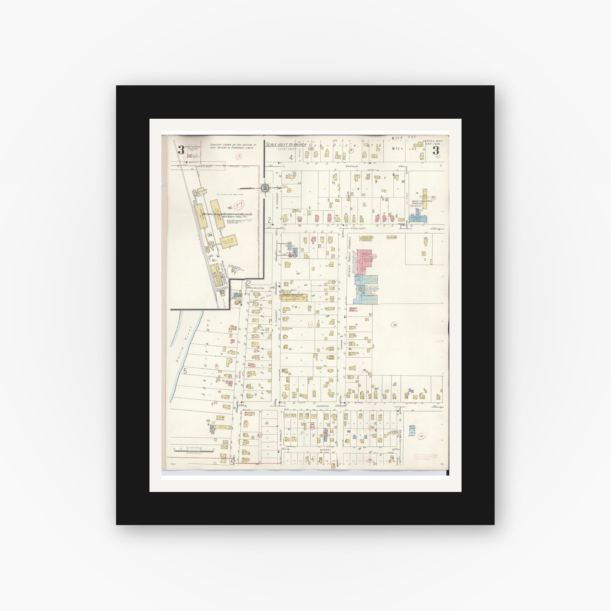 Old map wall art mockup — black gallery frame with white mat — Sanborn Fire Insurance Map from Dundee, Monroe County, Michigan (1949), Sheet #0003