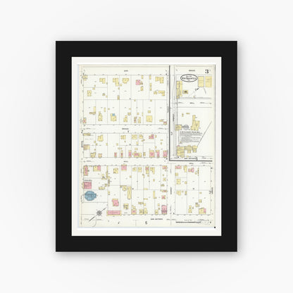 Old map wall art mockup — black gallery frame with white mat — Sanborn Fire Insurance Map from New Braunfels, Comal County, Texas (1912), Sheet #0003