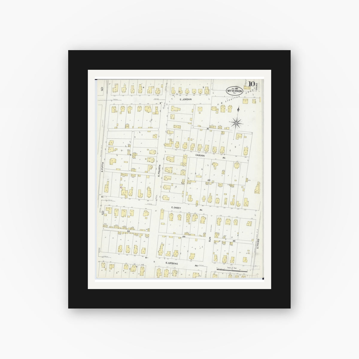 Old map wall art mockup — black gallery frame with white mat — Sanborn Fire Insurance Map from Mount Vernon, Jefferson County, Illinois (1908), Sheet #0010