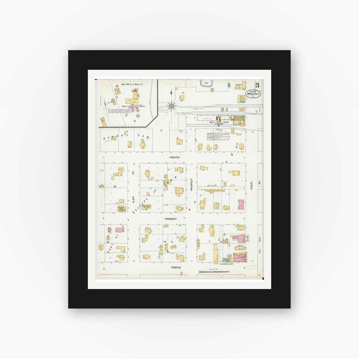 Old map wall art mockup — black gallery frame with white mat — Sanborn Fire Insurance Map from Waverly, Morgan County, Illinois (1901), Sheet #0003