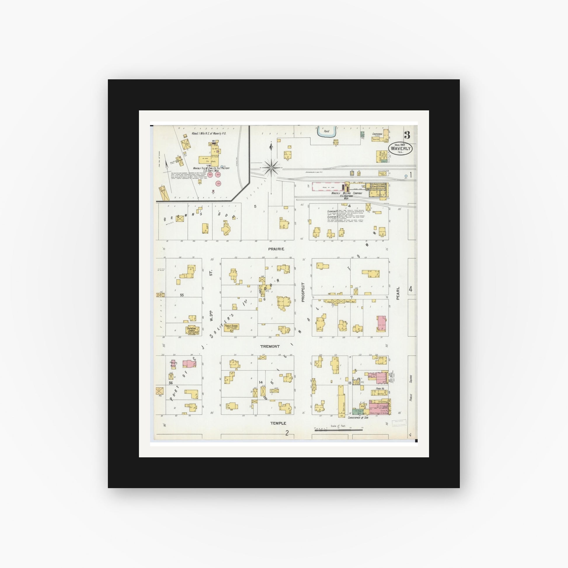 Old map wall art mockup — black gallery frame with white mat — Sanborn Fire Insurance Map from Waverly, Morgan County, Illinois (1901), Sheet #0003