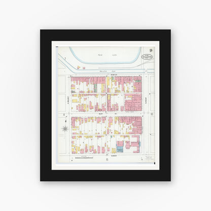 Old map wall art mockup — black gallery frame with white mat — Sanborn Fire Insurance Map from Chillicothe, Ross County, Ohio (1900), Sheet #0009