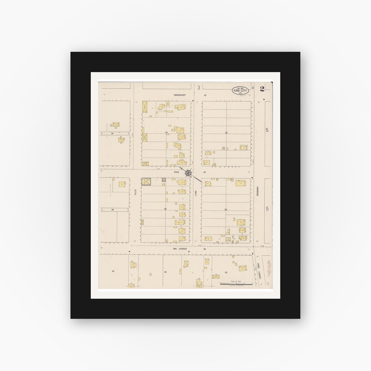 Old map wall art mockup — black gallery frame with white mat — Sanborn Fire Insurance Map from King City, Monterey County, California (1919), Sheet #0002