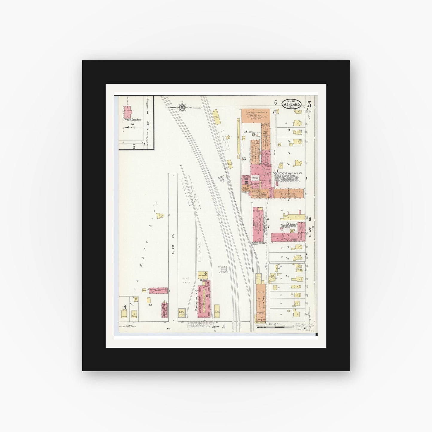 Old map wall art mockup — black gallery frame with white mat — Sanborn Fire Insurance Map from Ashland, Ashland County, Ohio (1911), Sheet #0005